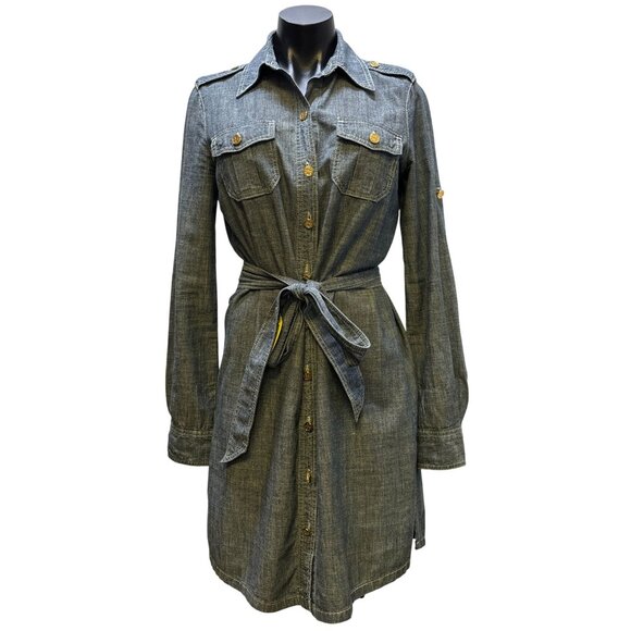 Tory Burch Denim Button-Front Shirt Dress With Belt Long Sleeves Size 6 - Picture 1 of 8
